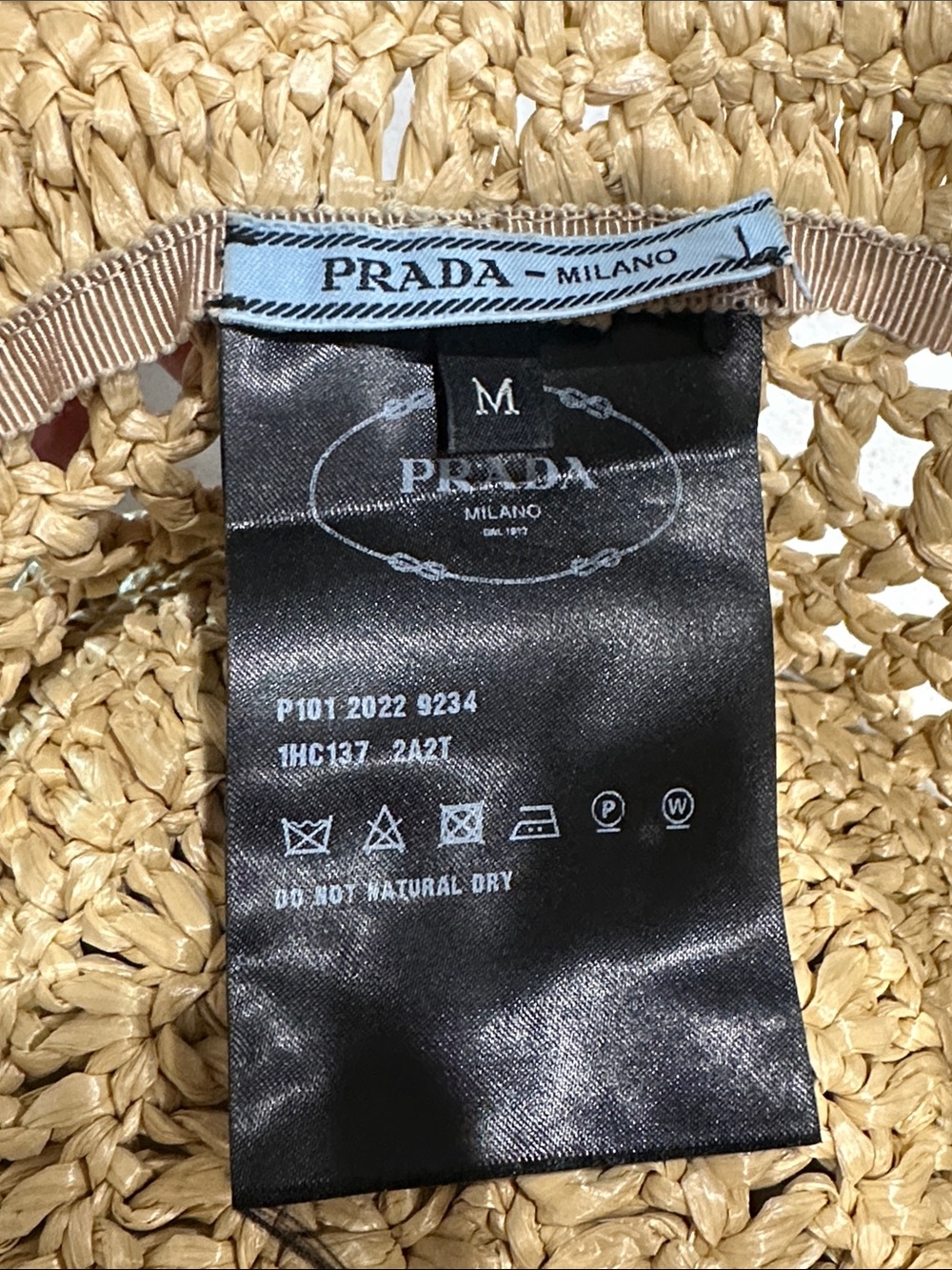 Prada Natural Straw Bucket Hat with Black Satin Logo Tag - Picture 2 of 6